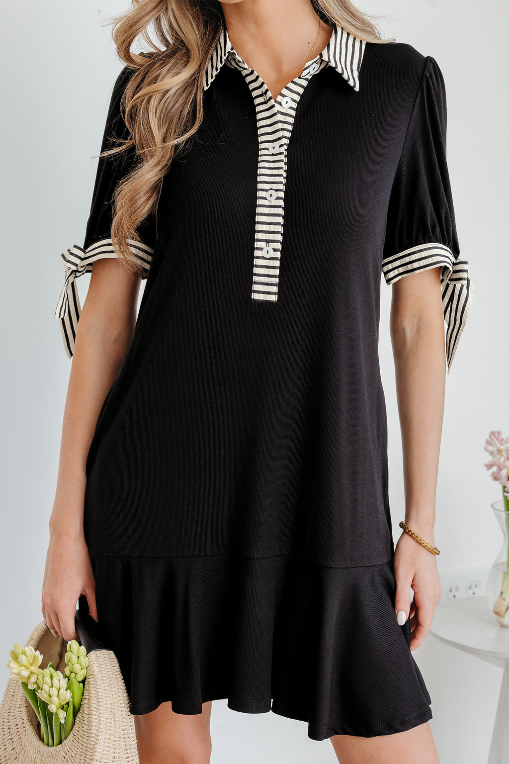 Black Stripe Polo Collar Half Button Tied Short Sleeve Mini Dress S-XL