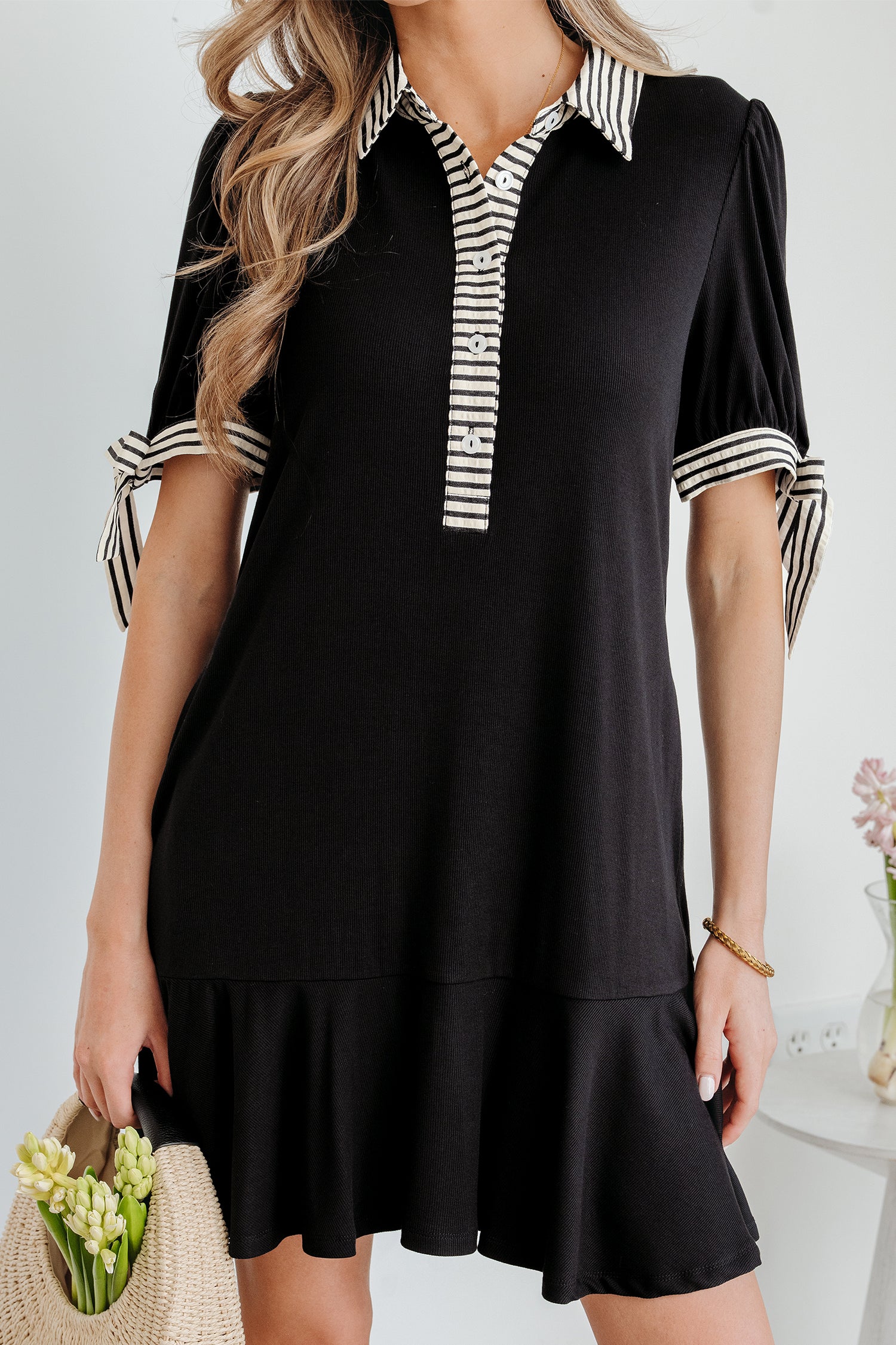 Black Stripe Polo Collar Half Button Tied Short Sleeve Mini Dress S-XL