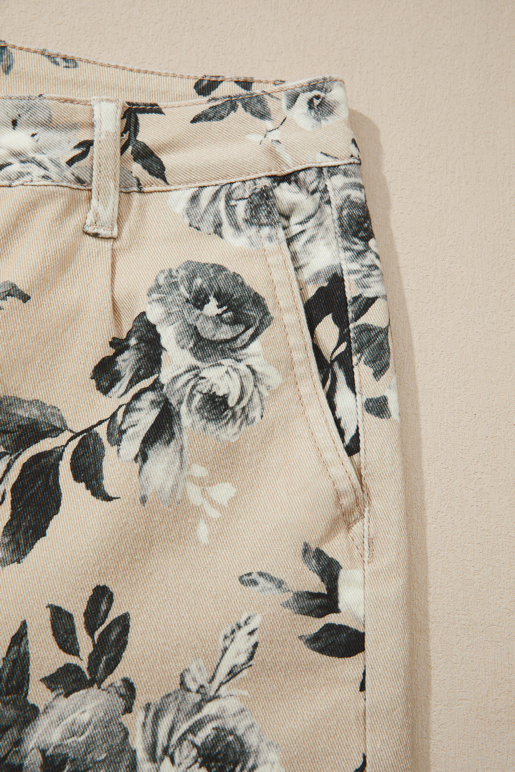 Beige Retro Floral Print Loose Jeans Turn-Up Cuffed Hem Women UK 4-16