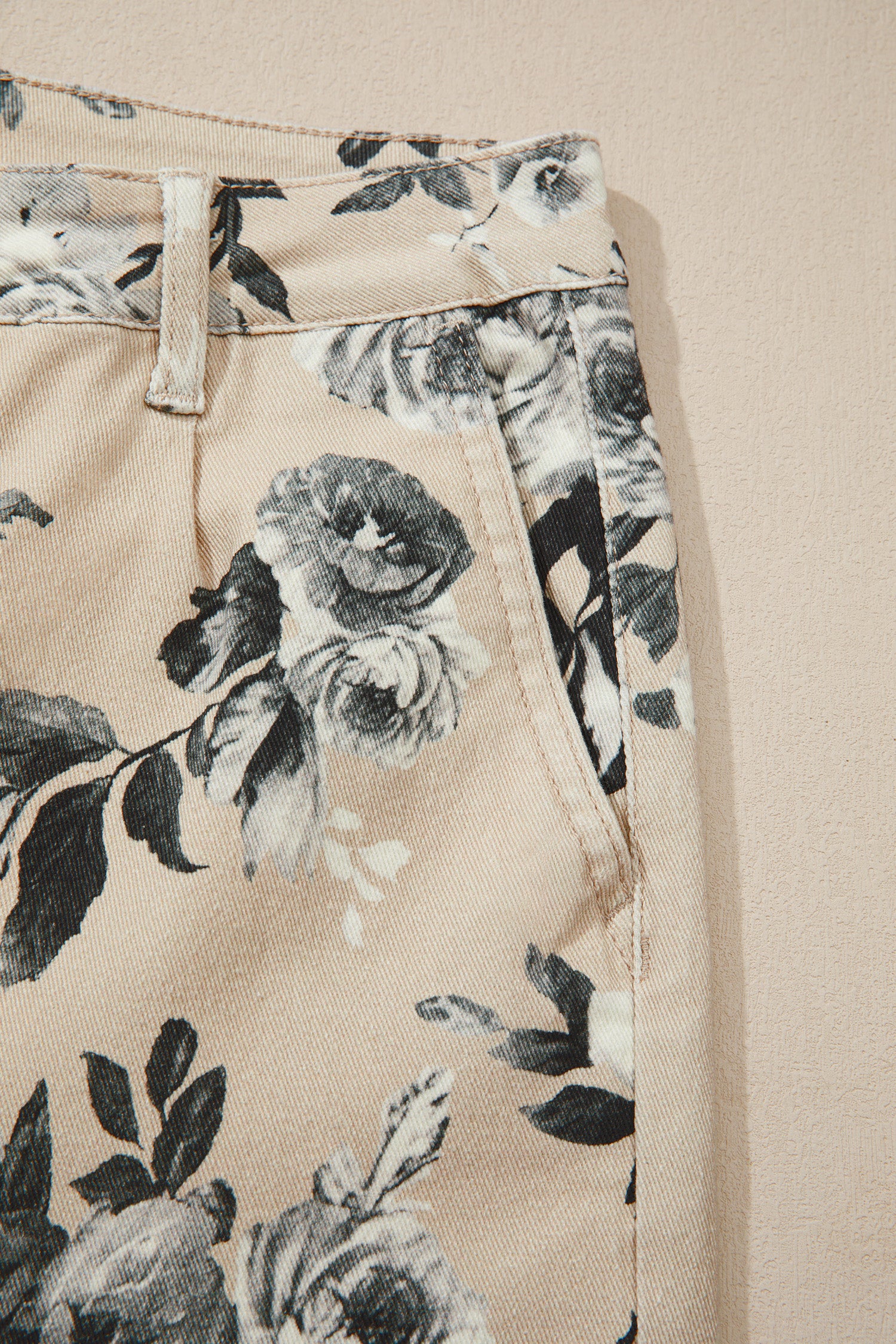 Beige Retro Floral Print Loose Jeans Turn-Up Cuffed Hem Women UK 4-16