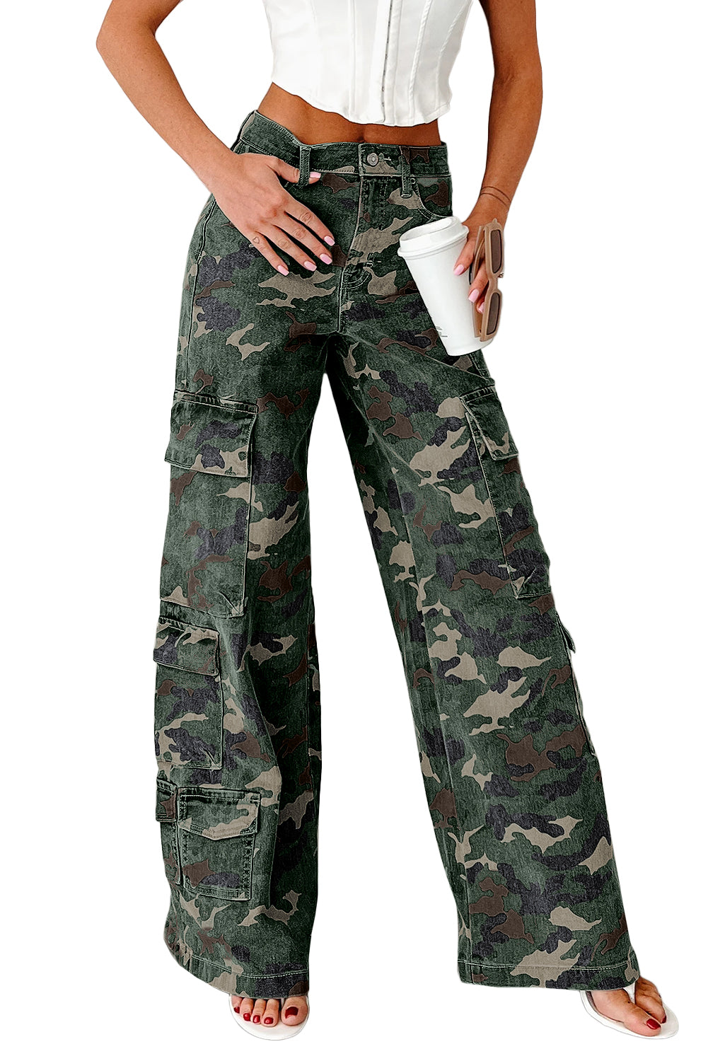 Green Camo Cargo Wide Leg Denim Pants
