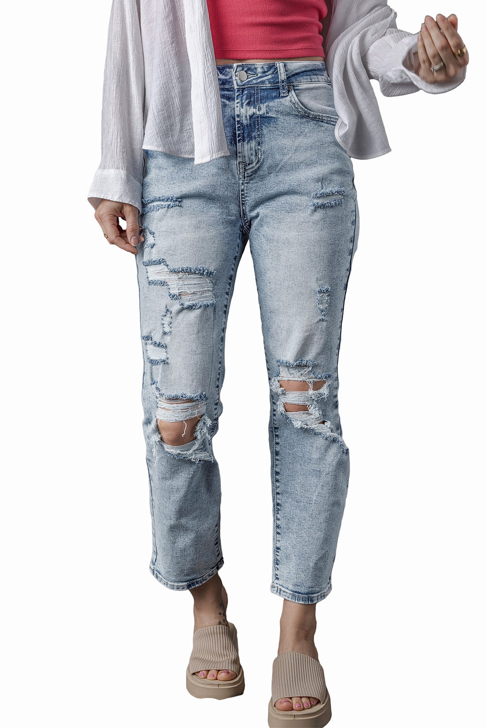 Women's Women's Light Wash Slim Fit Jeans Frayed Hem High Waist Sizes 6-16 at LivelyLooks