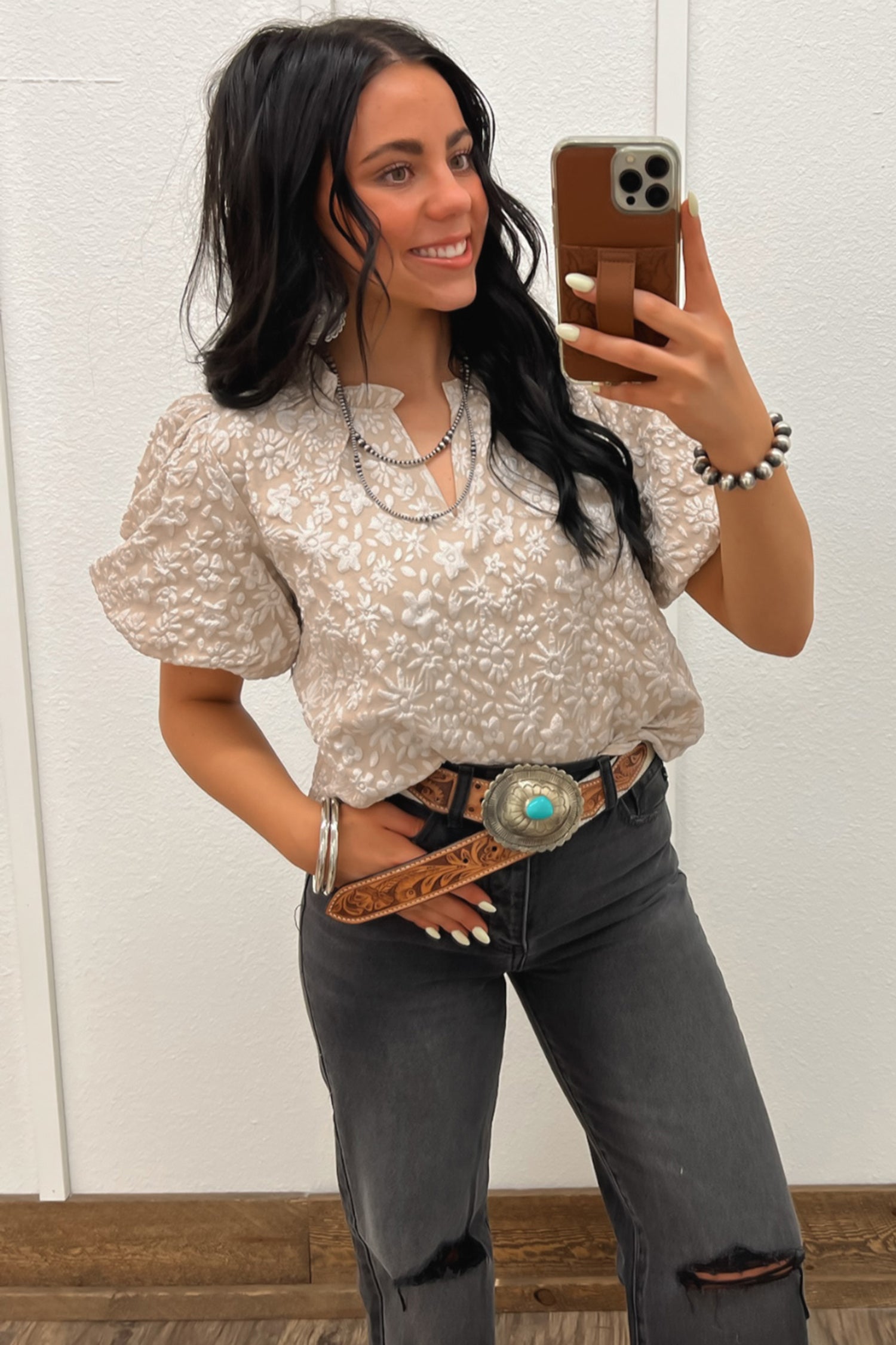 Floral Textured Jacquard Puff Sleeve Blouse Iceland Blue Beige Apricot Pink S-XL