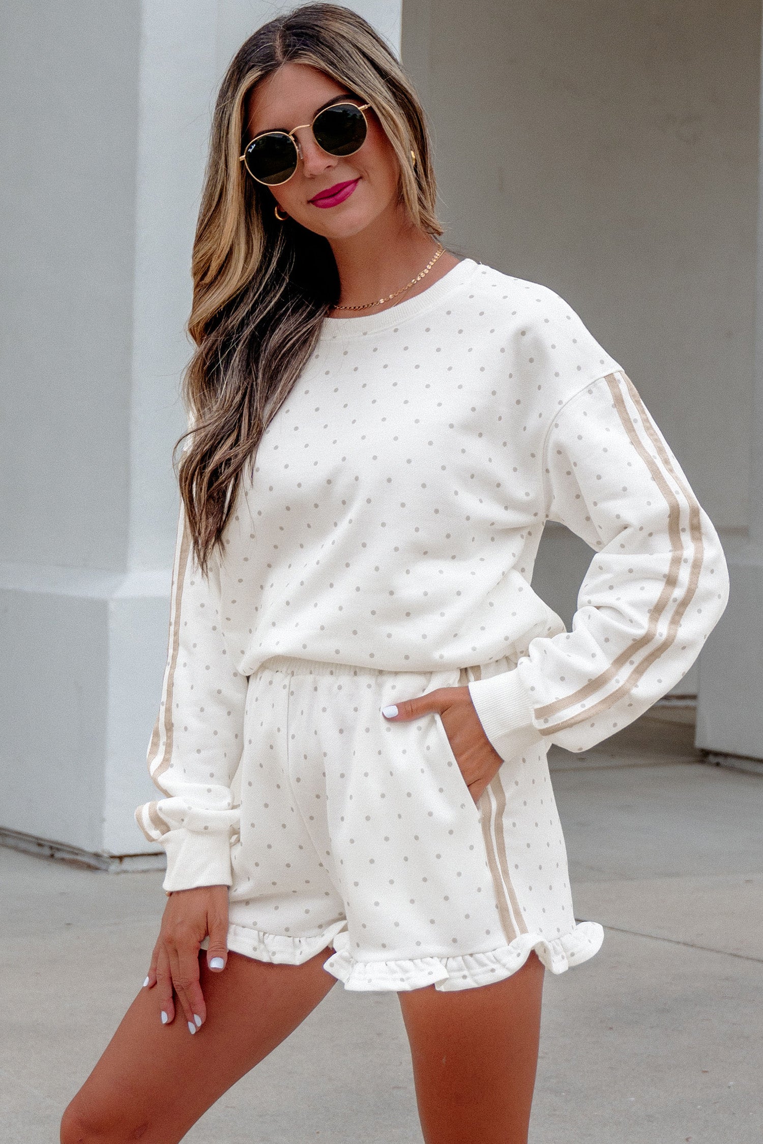 White Polka Dot Side Stripe Casual Sweatshirt & Shorts Set | UK 8–22