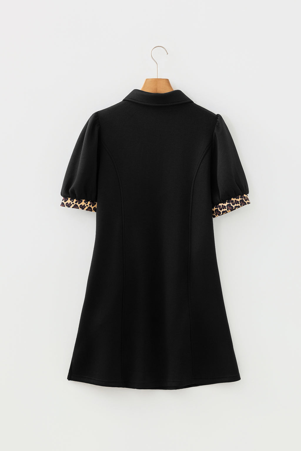 Women's Black Leopard Patchwork Zip Collared Short Puff Sleeve Shift Mini Dress at LivelyLooks