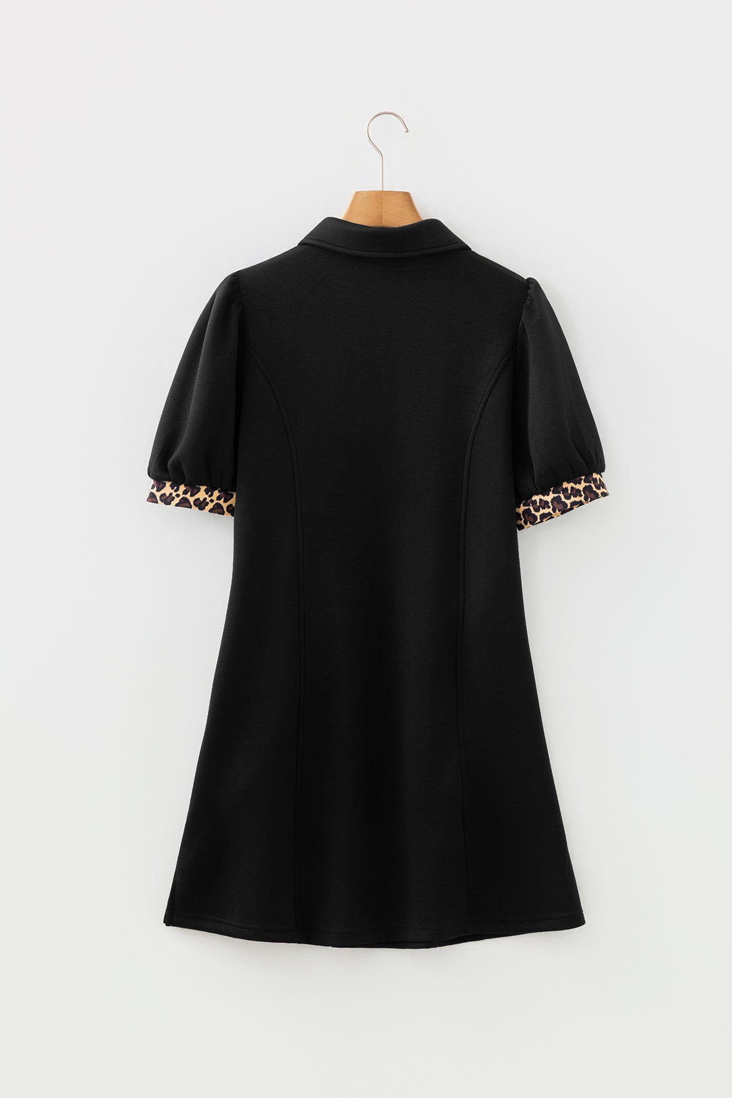Women's Black Leopard Patchwork Zip Collared Short Puff Sleeve Shift Mini Dress at LivelyLooks