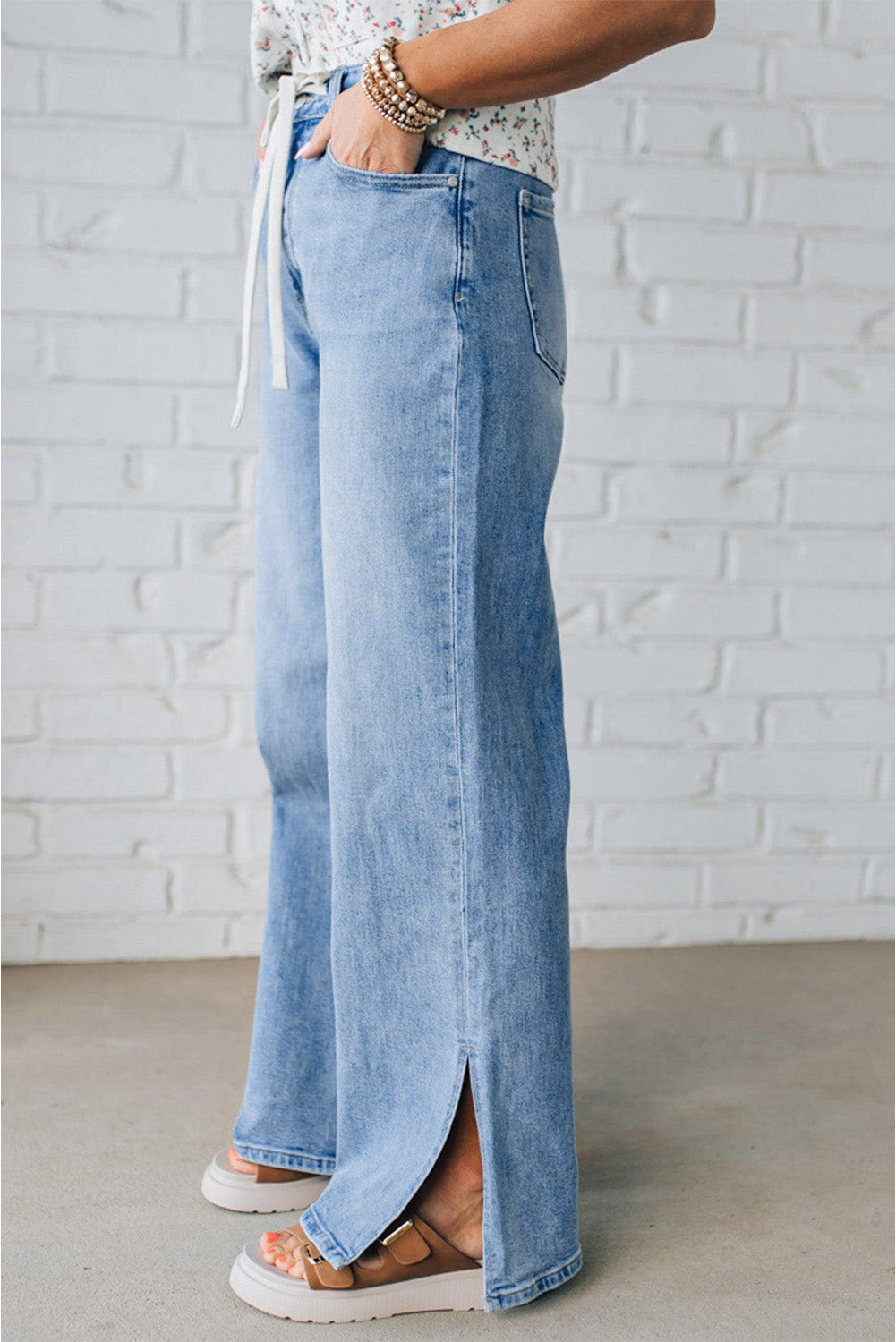 Shop Myosotis Slit Leg High Rise Drawstring Casual Jeans at LivelyLooks