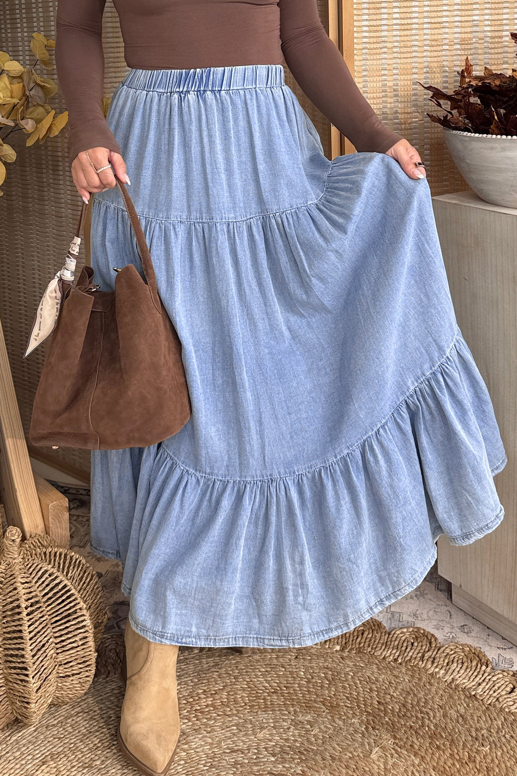 Women's Women's Flared Denim Maxi Skirt Tiered Ruffled Elastic Waist Blue S-XL at LivelyLooks