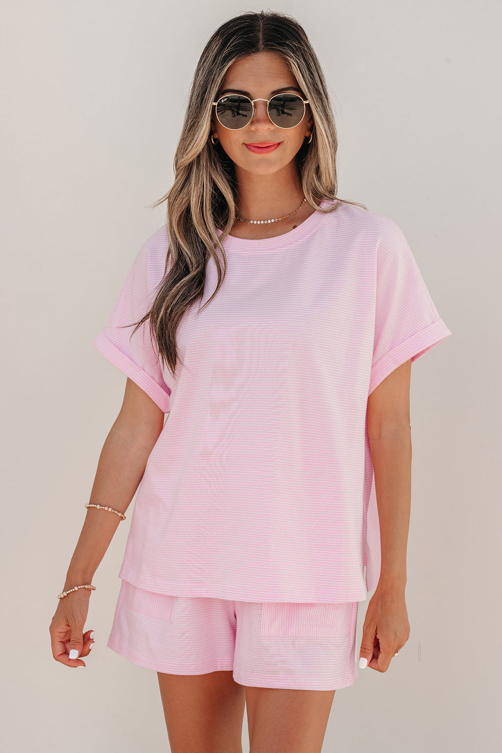 Pink Stripe Matching Oversized Tee & Drawstring Shorts Co-ord Set