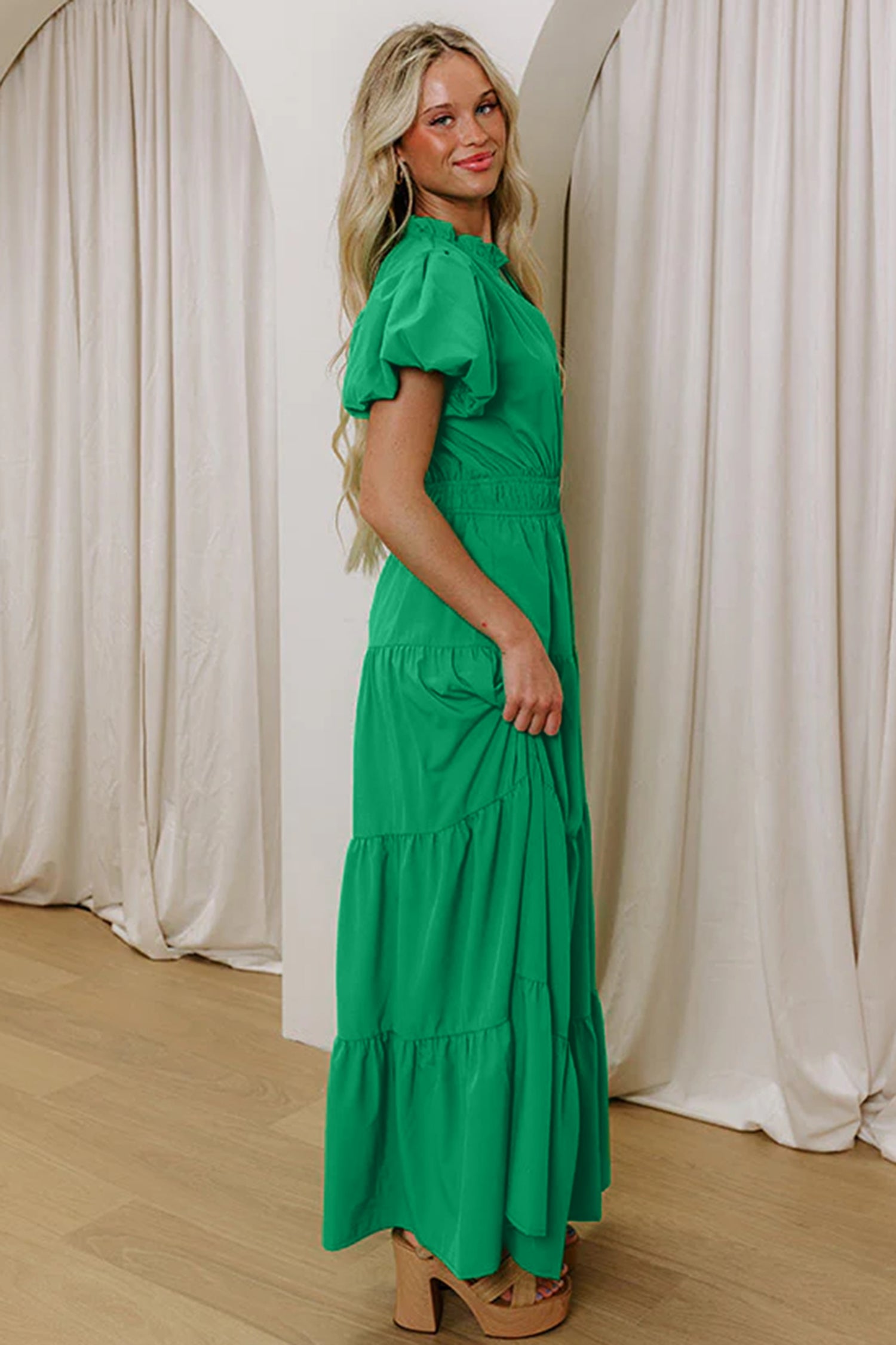 Women's Solid Colour V Neck Puff Sleeve High Waist Tiered Maxi Dress | S-XL at LivelyLooks