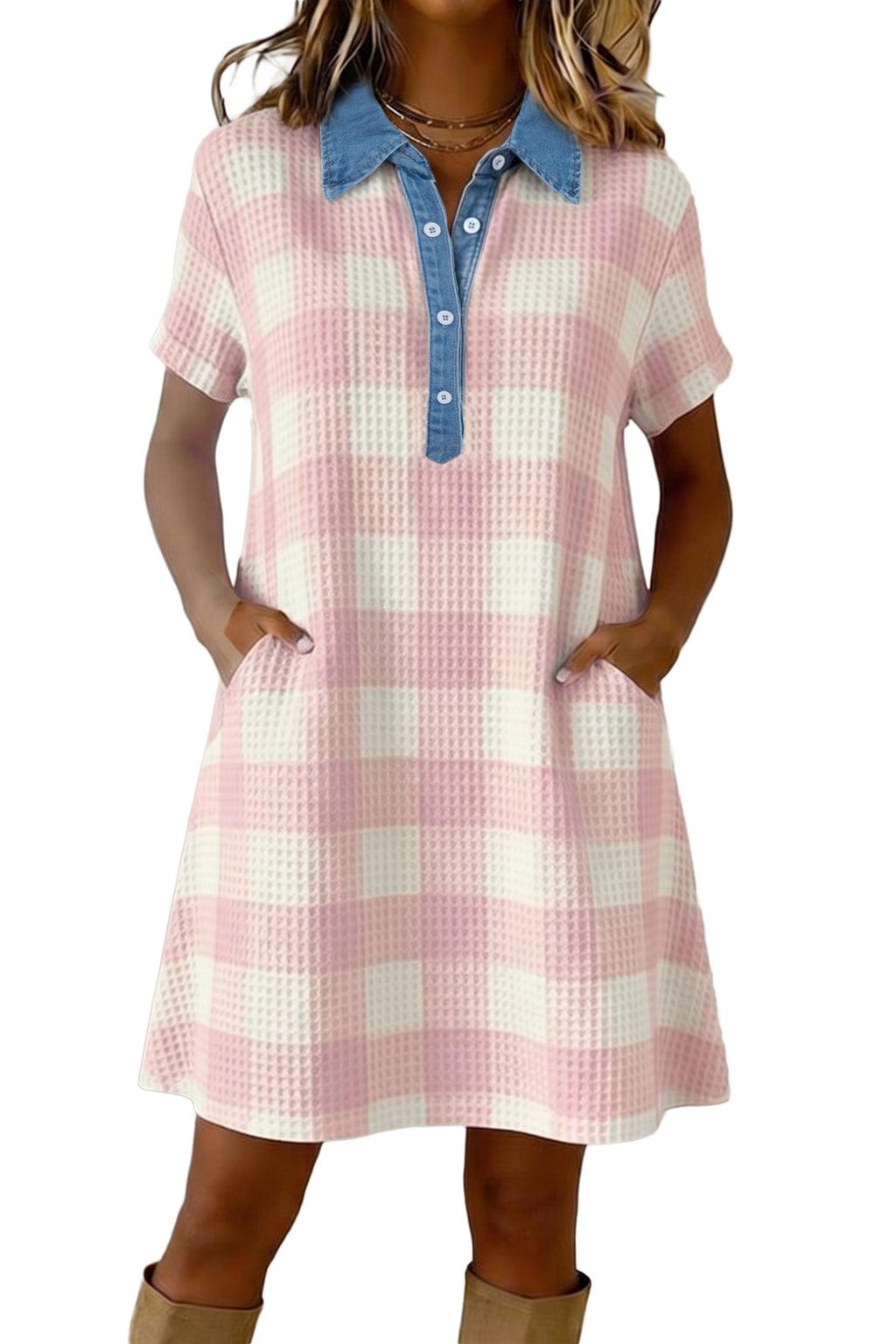 Pink Waffle Plaid Contrast Denim Shirt Collar Buttoned Mini Dress S-XL