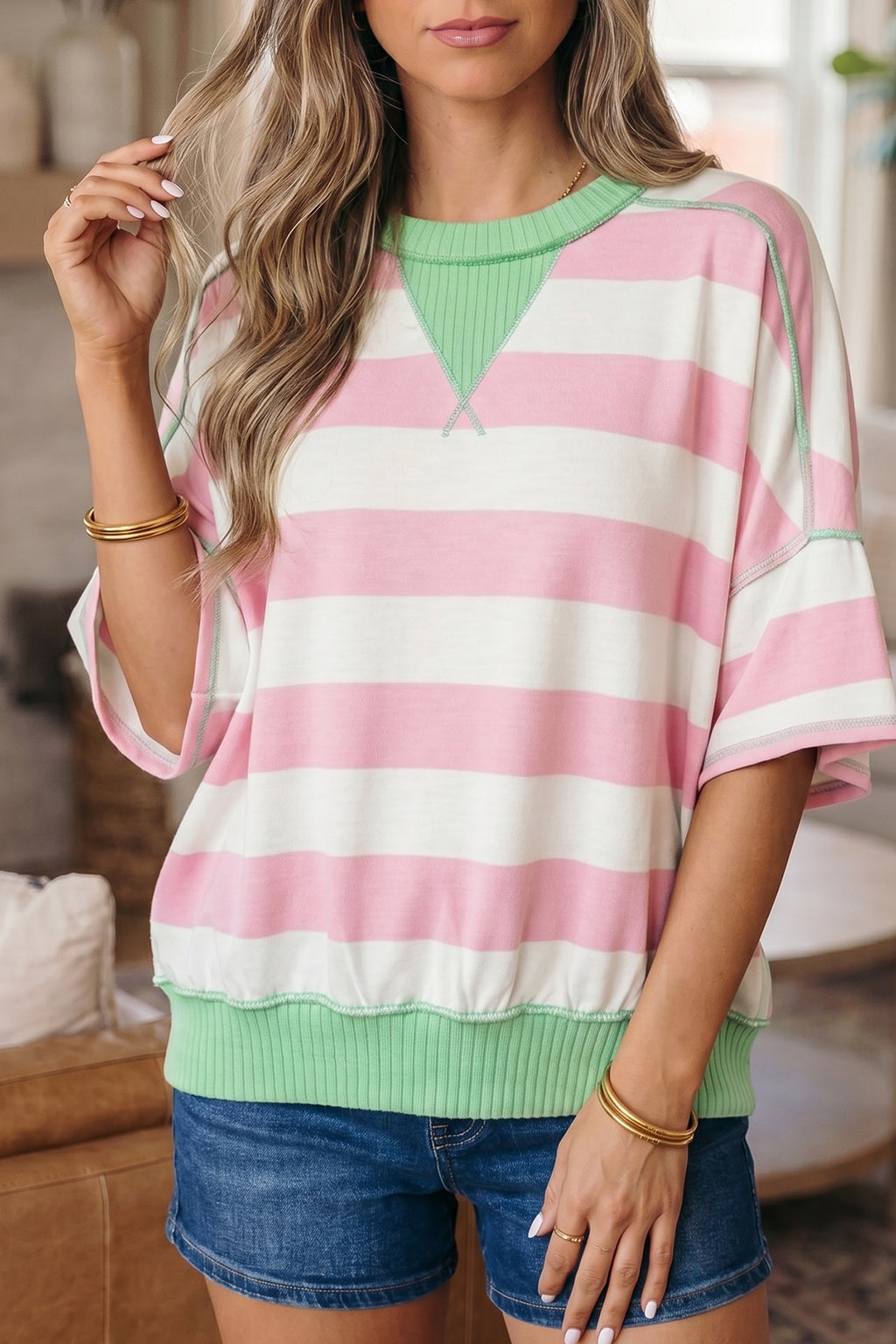 Stripe Colourblock Ribbed Patchwork Exposed Seam Oversized Tee | Pink & Green