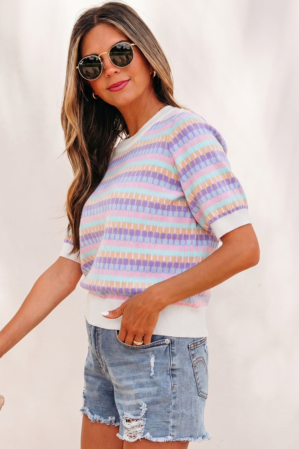 Women's Rose Red Abstract Stripe Knit Short Sleeve Sweater at LivelyLooks