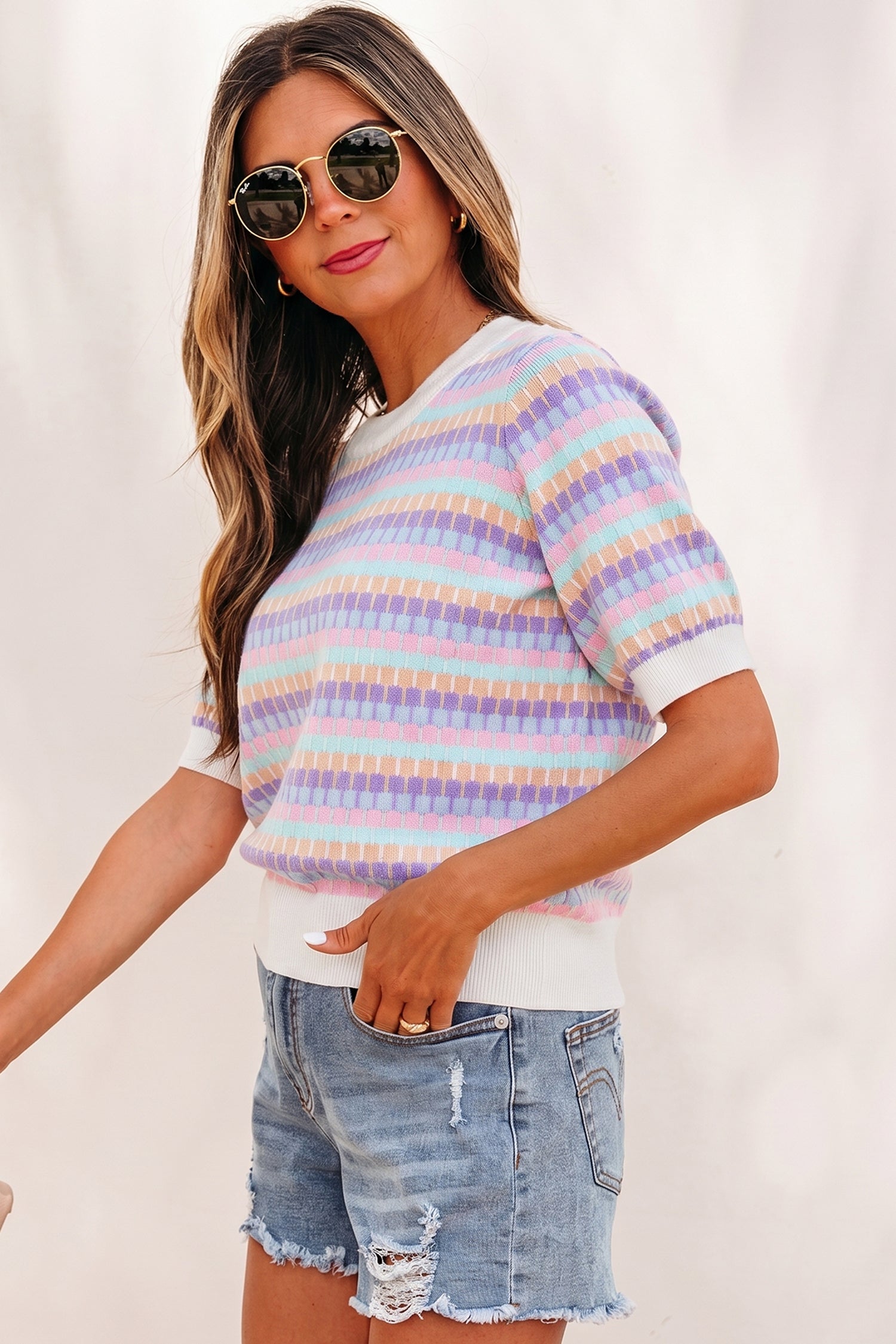 Women's Rose Red Abstract Stripe Knit Short Sleeve Sweater at LivelyLooks