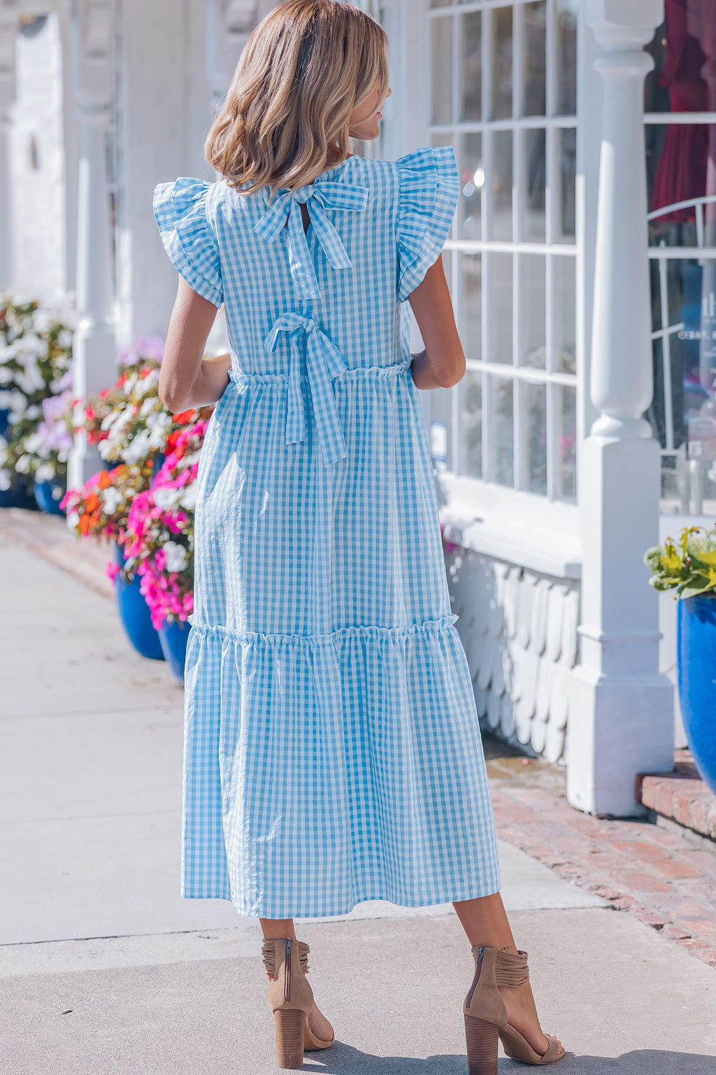 Women's Sky Blue Gingham Knot Back Ruffled Short Sleeve Maxi Dress at LivelyLooks