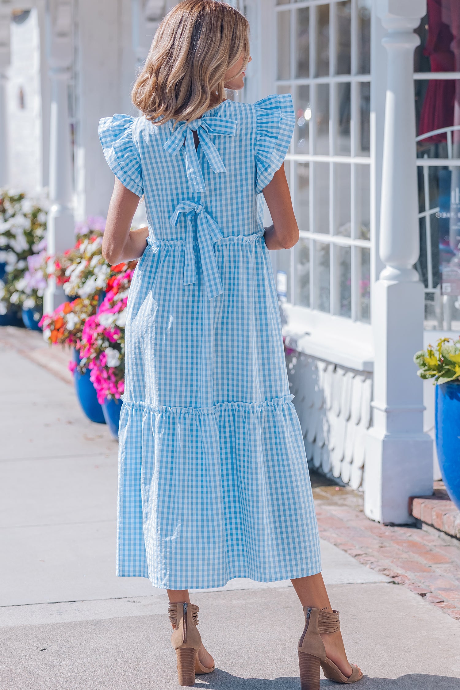 Women's Sky Blue Gingham Knot Back Ruffled Short Sleeve Maxi Dress at LivelyLooks