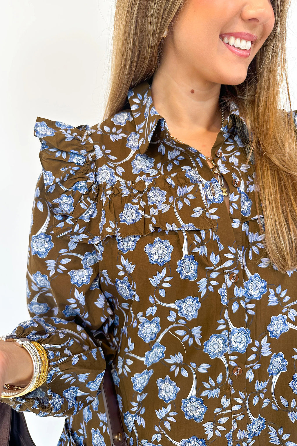 Brown Floral Print Shirt Dress Ruffled Detail Collar Button Down Long Sleeve Women S-XL
