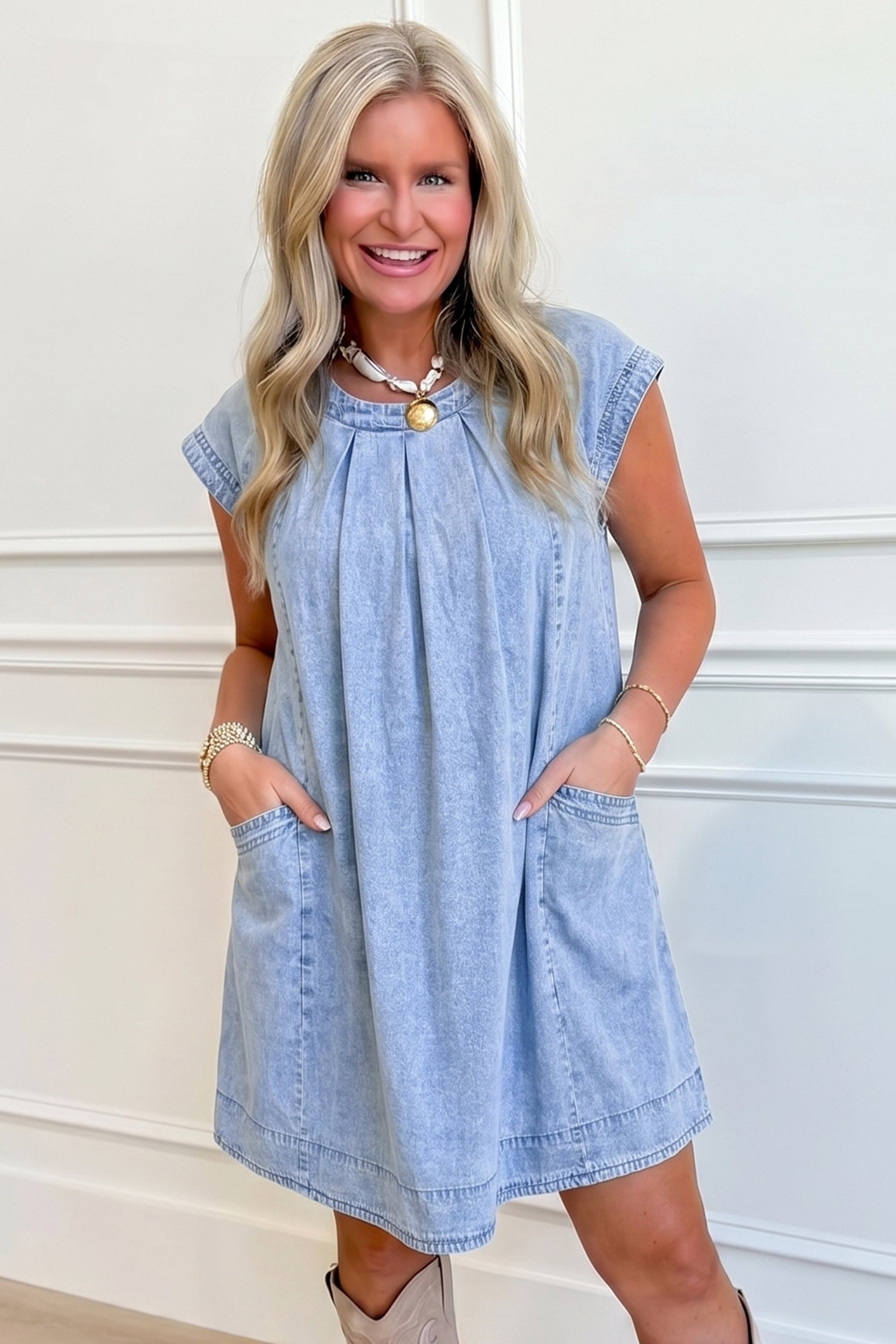 Beau Blue Denim Shift Dress Cap Sleeve Pleated Round Neck Women S-XL