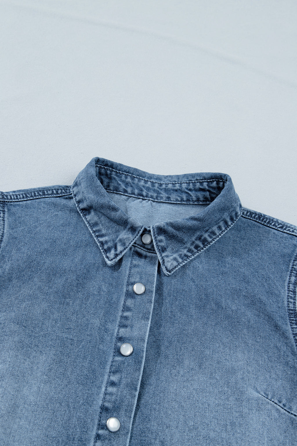 LivelyLooks Beau Blue Frilled Short Sleeve Snap Button Denim Shirt women's fashion
