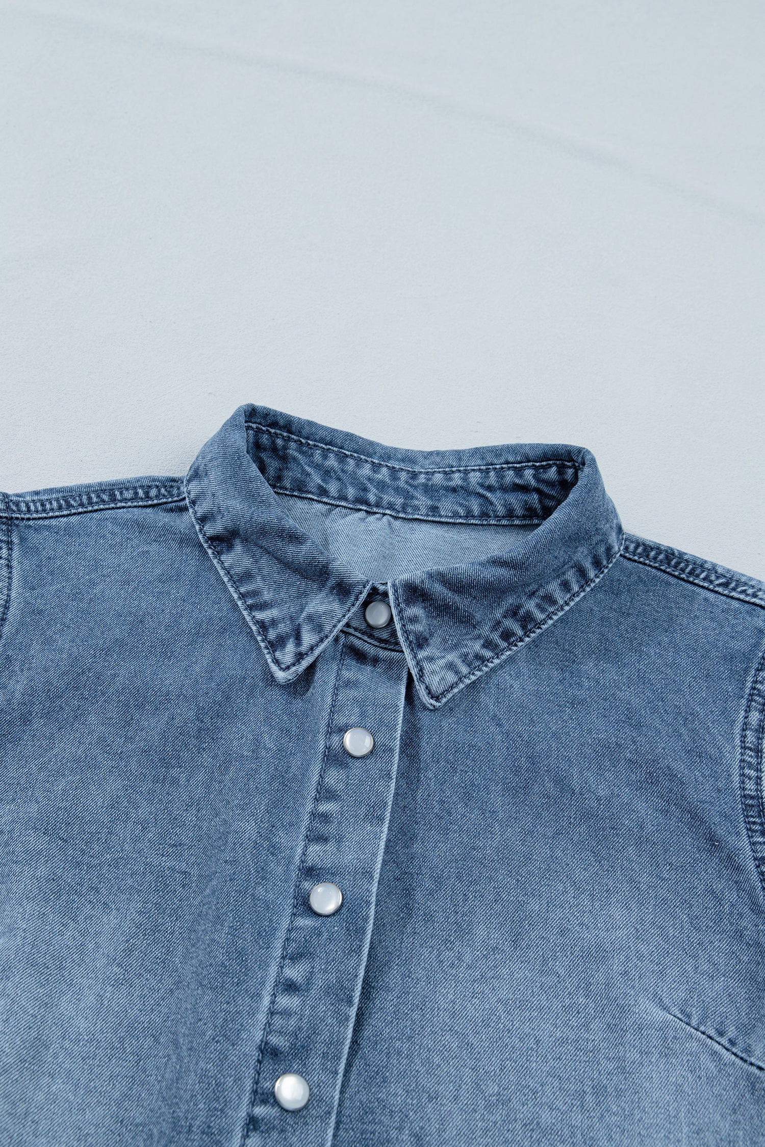 LivelyLooks Beau Blue Frilled Short Sleeve Snap Button Denim Shirt women's fashion