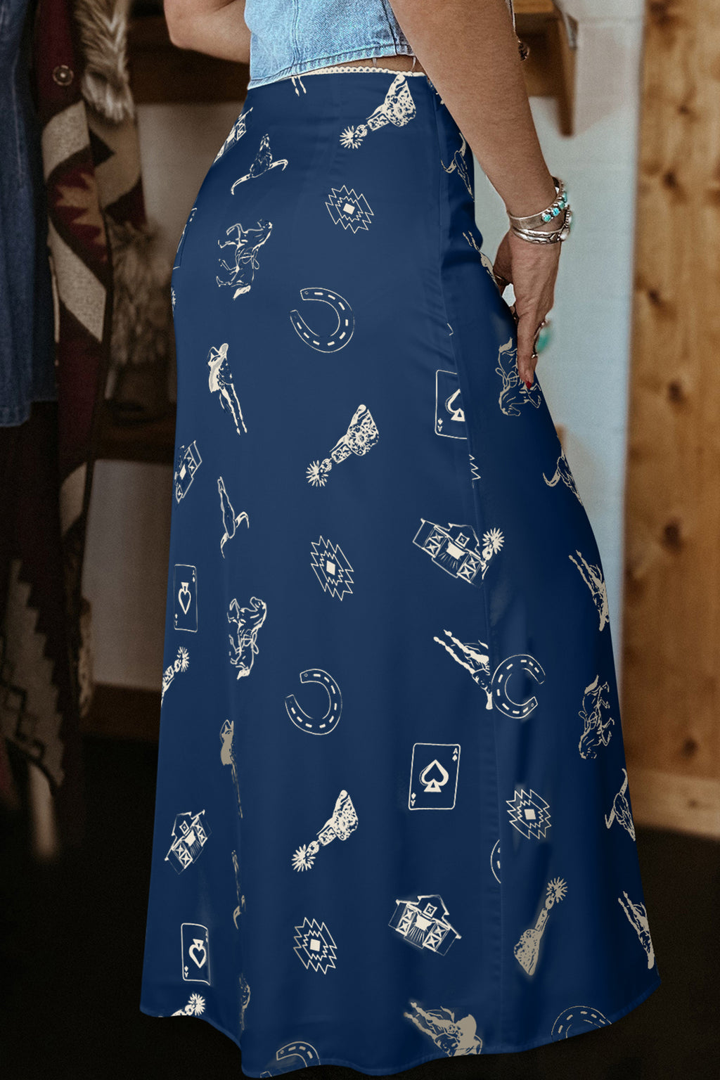Women's Navy Blue Western Print Satin Long Skirt at LivelyLooks