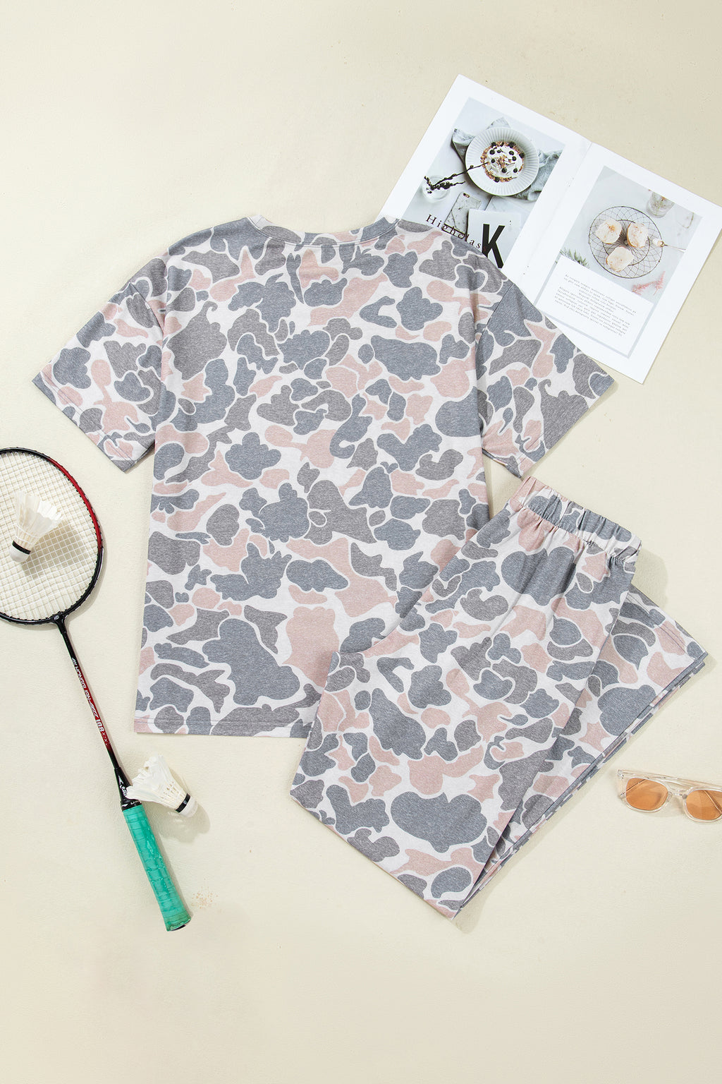 Multicolour Camouflage Short Sleeve Top & High Waist Wide Leg Pants Set | UK 8–22