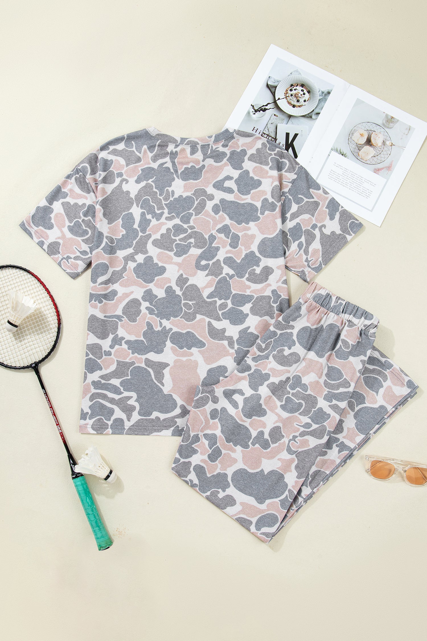 Multicolour Camouflage Short Sleeve Top & High Waist Wide Leg Pants Set | UK 8–22