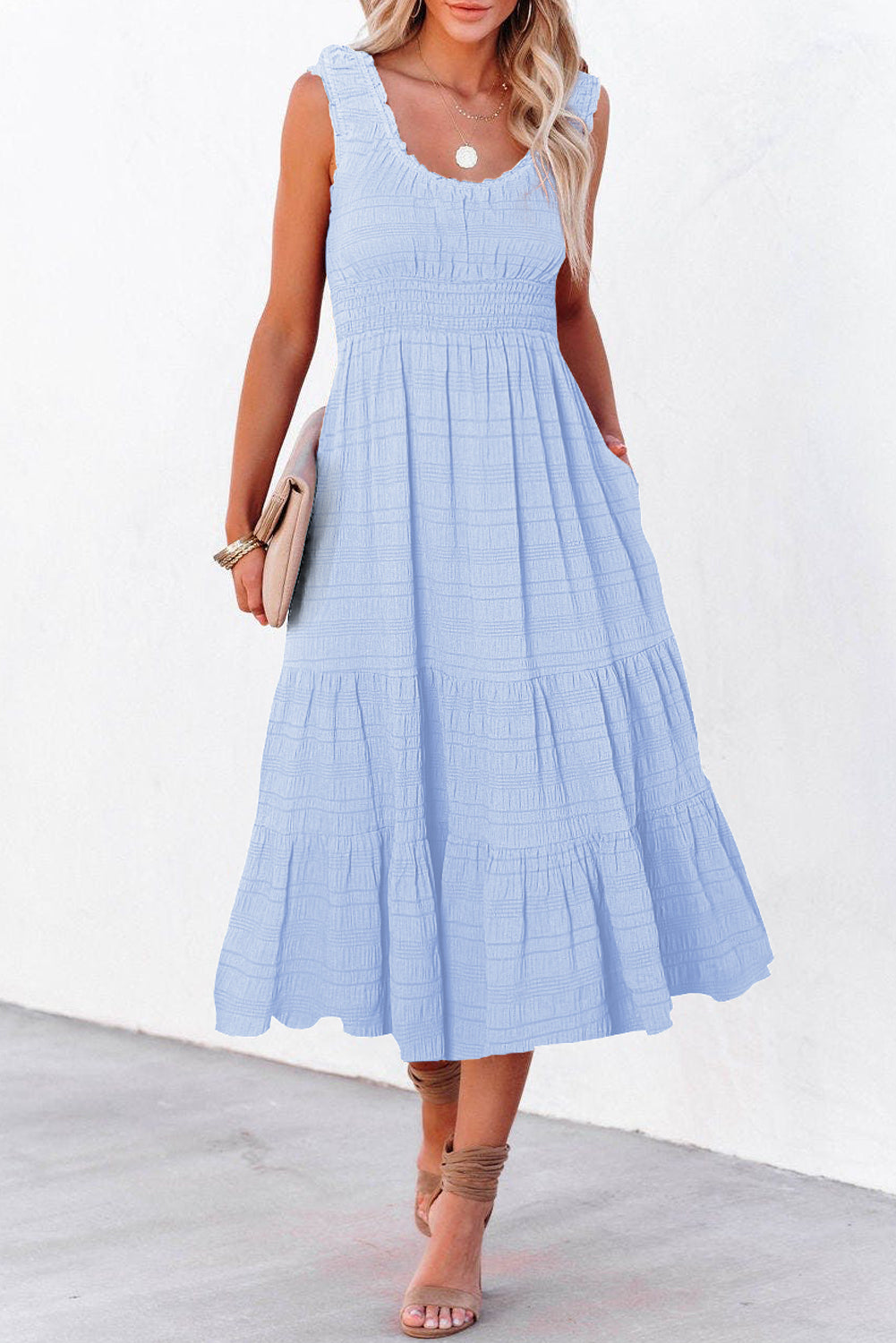 Shop Shirred Pleated Square Neck Sleeveless Midi Dress | S-XL at LivelyLooks