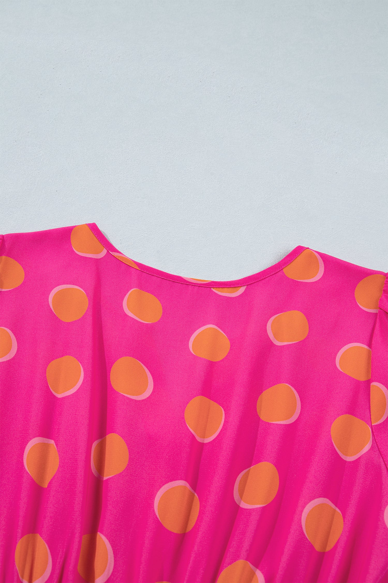 Rose Polka Dot Shirred High Waist Midi Dress | Short Sleeve Shadow Print