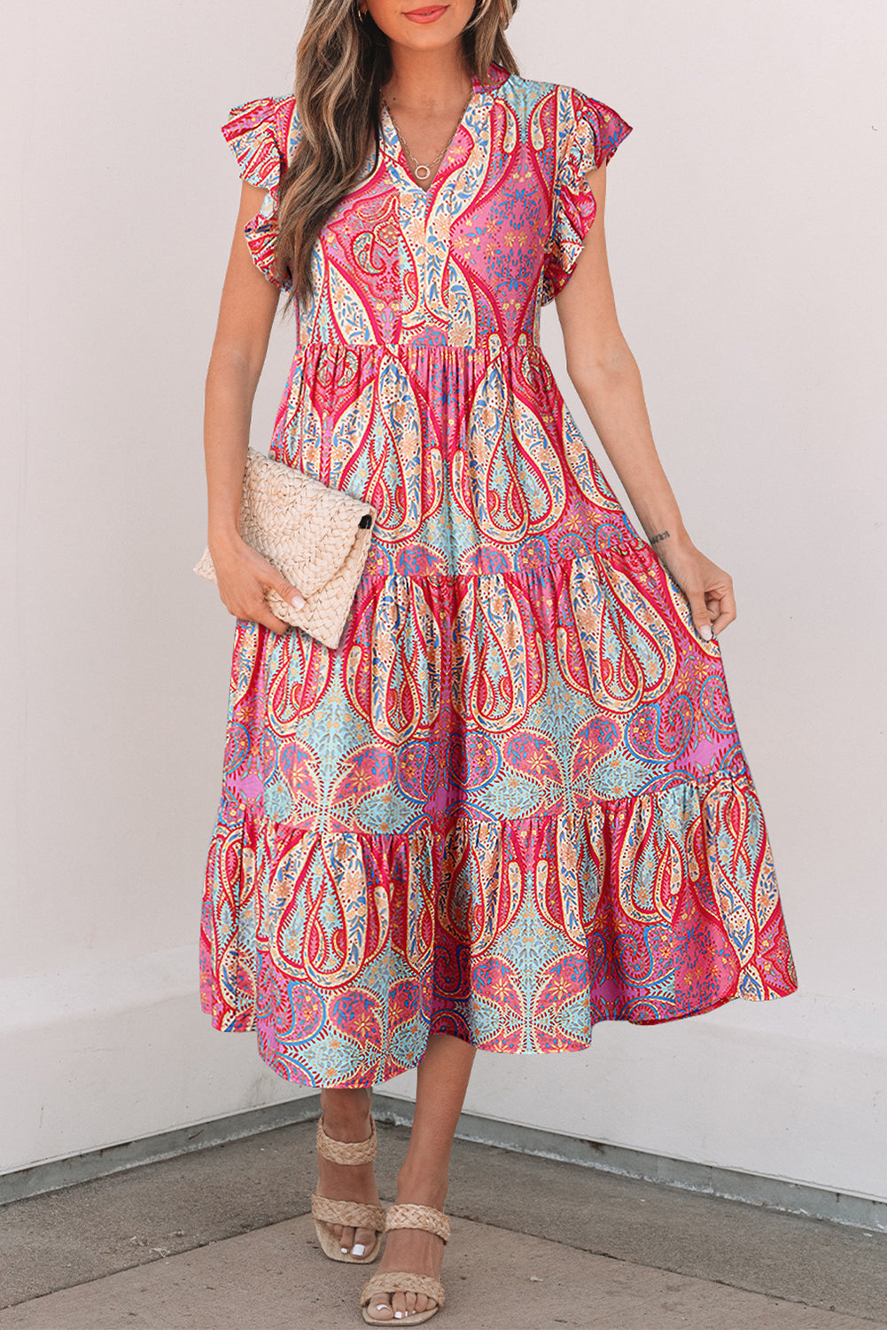 Shop Boho Paisley Print Ruffle Sleeve Notch Neck Midi Dress | S-XL at LivelyLooks