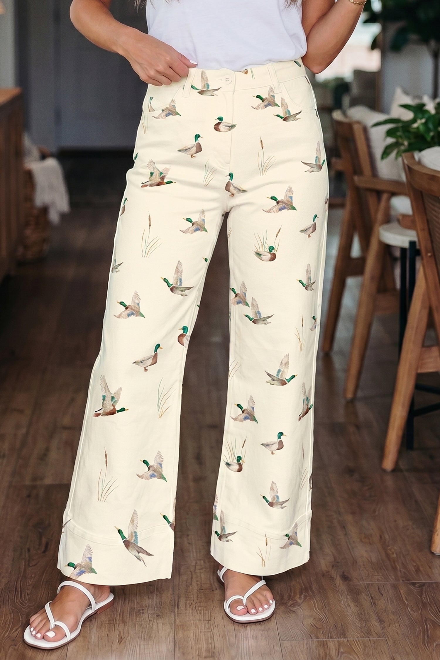 Women's Beige Mallard Print Cuffed Hem Shift Jeans Pockets Elastic UK 4-16 at LivelyLooks