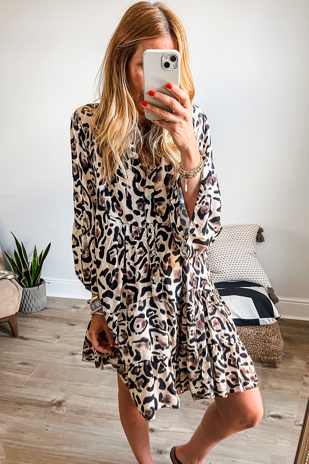 Women's Rose Leopard Print Buttoned Front 3/4 Sleeve Tiered Ruffle Hem Dress at LivelyLooks