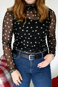 Women's Black Plus Size Polka Dot Mock Neck Long Sleeve Mesh Top at LivelyLooks