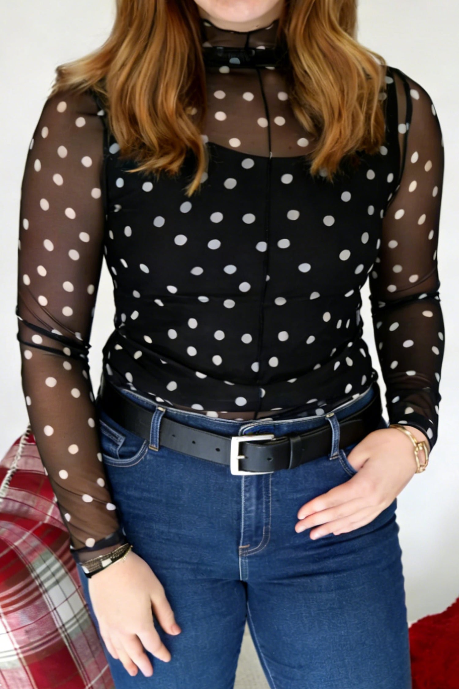 Women's Black Plus Size Polka Dot Mock Neck Long Sleeve Mesh Top at LivelyLooks