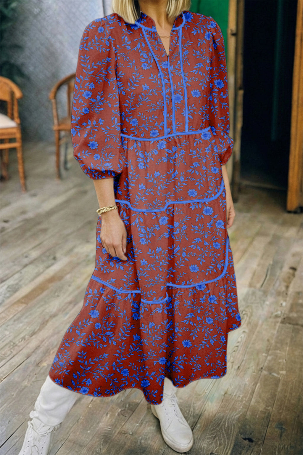 Brown Floral 3/4 Puff Sleeve Tiered Loose Midi Dress S-XL