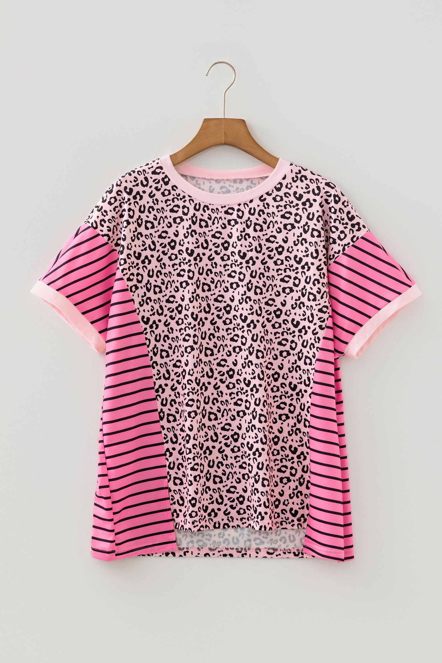 Women's Pink Leopard Striped Contrast Patchwork Plus Size Tee at LivelyLooks