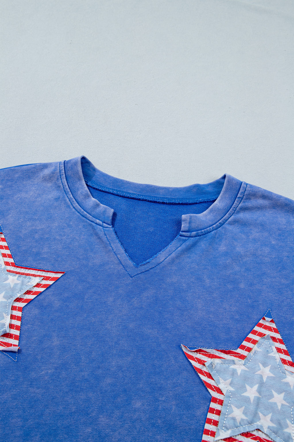 Women's White & Sky Blue Star Patch Notched Neck Mineral Wash Dolman Tee at LivelyLooks