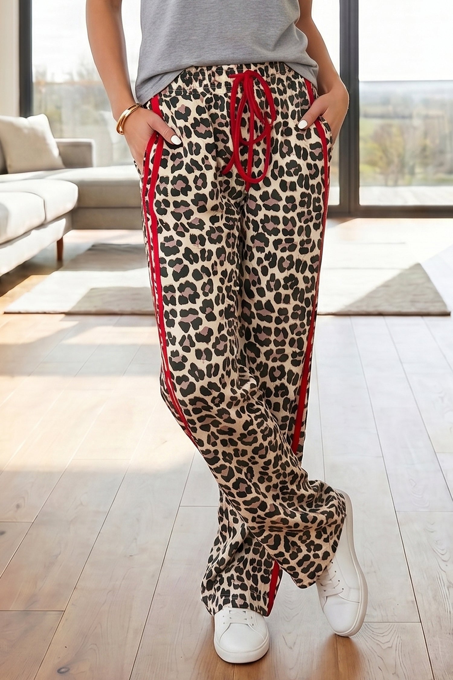 Leopard Print Side Stripe Wide Leg Trousers – Red & Rose