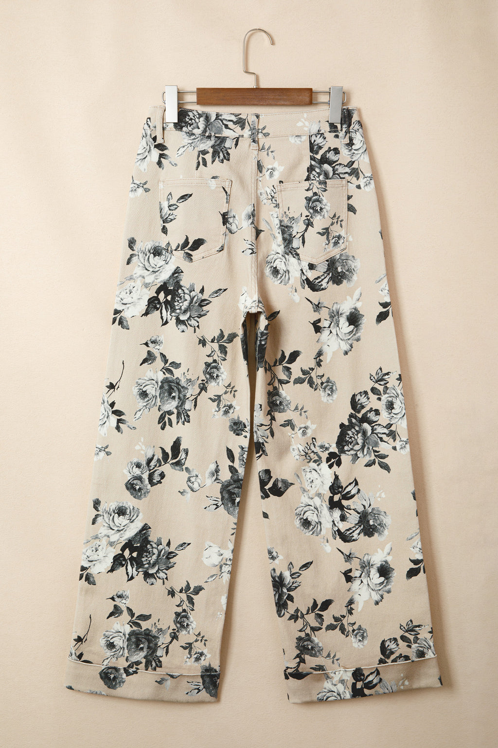 Beige Retro Floral Print Loose Jeans Turn-Up Cuffed Hem Women UK 4-16