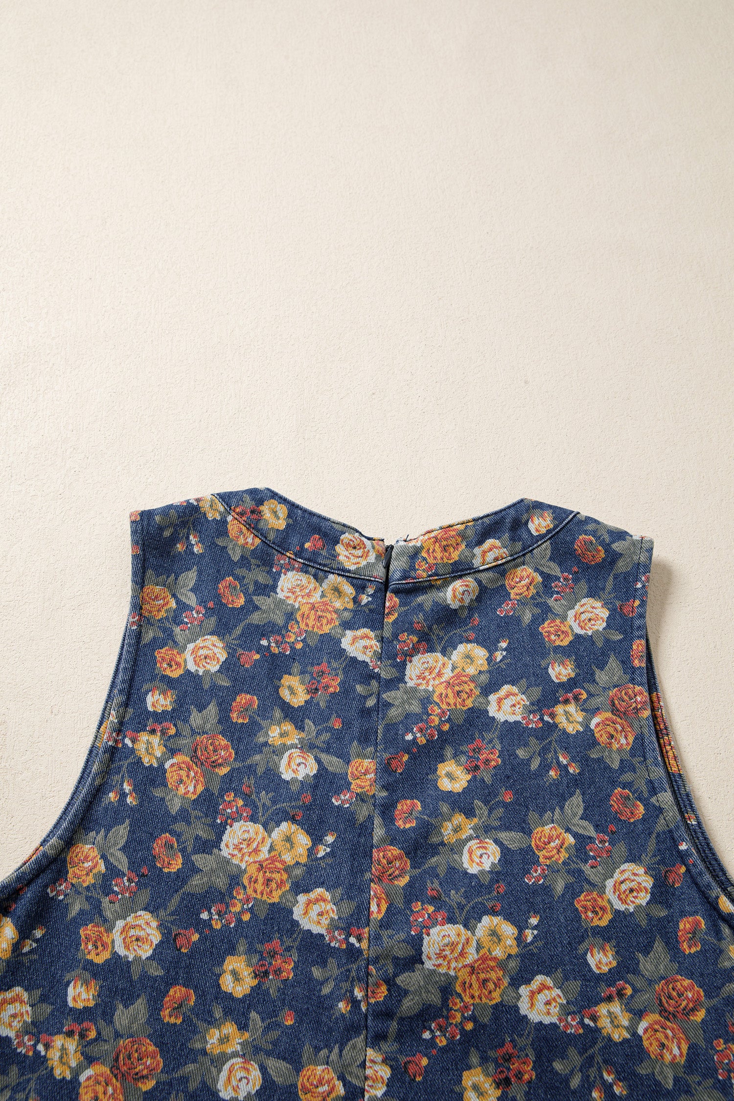 Women's Blue Retro Floral Print Bow Tie V-Neck Pleated Denim Romper at LivelyLooks