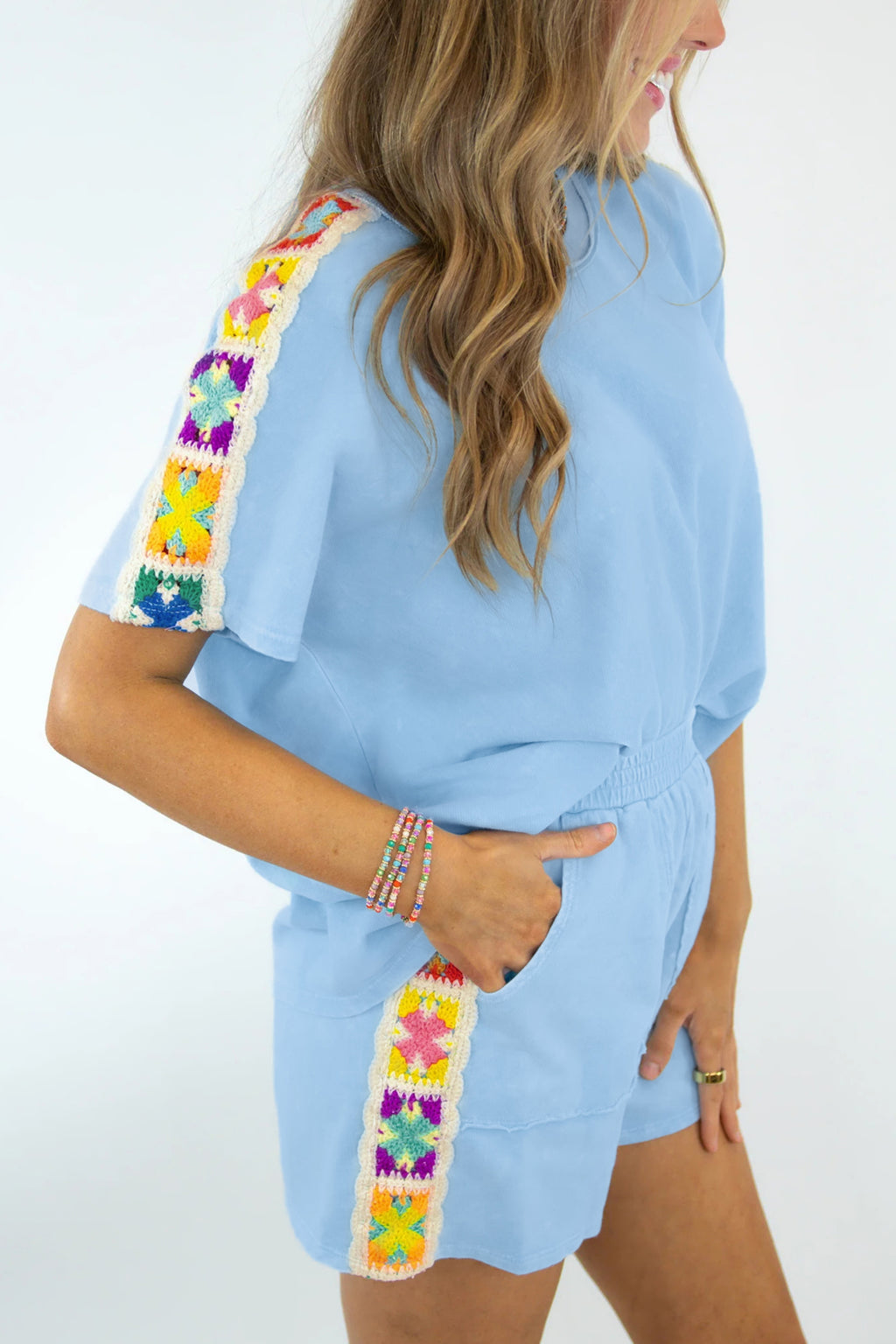 Mist Blue Granny Square Crochet Detail Top & Shorts 2pcs Set