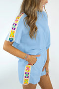 Mist Blue Granny Square Crochet Detail Top & Shorts 2pcs Set