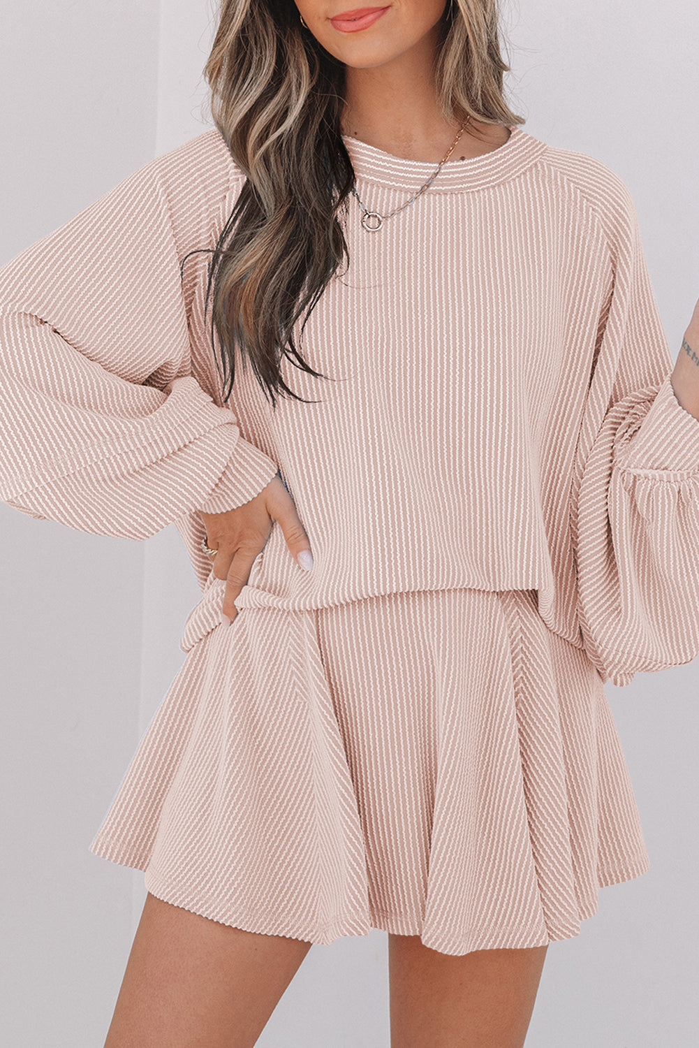 LivelyLooks Corded Lantern Sleeve Top High Waist Ruffled Mini Skort Set women's fashion