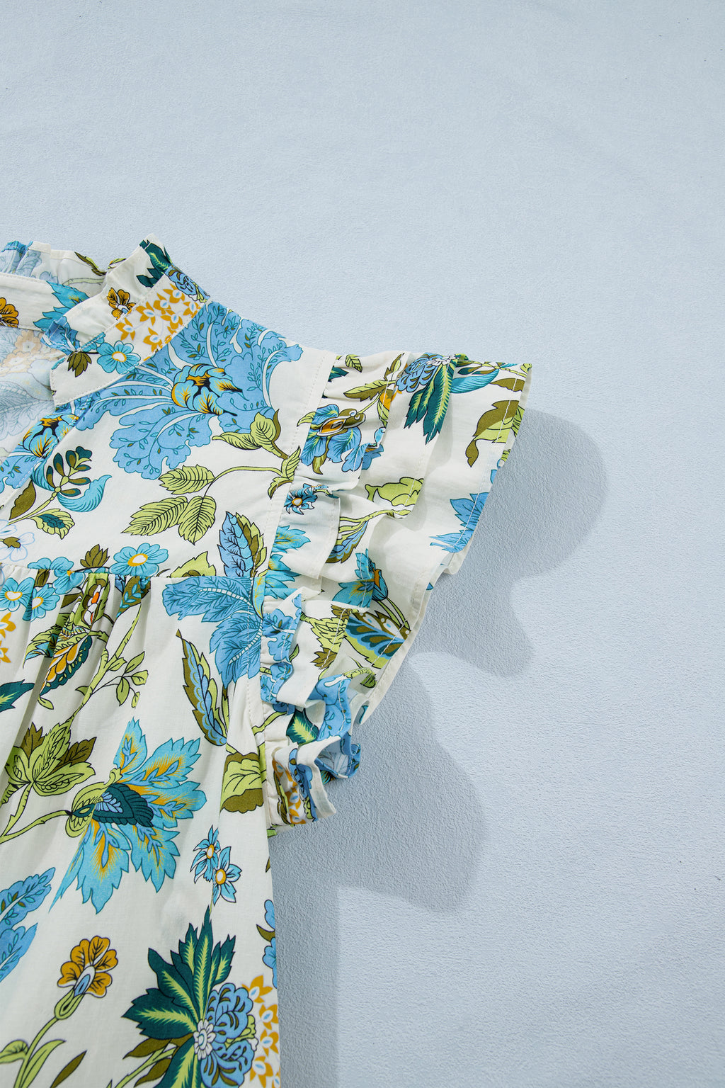 Beige Floral V Neck Triple Ruffle Short Sleeve Shift Mini Dress S-XL