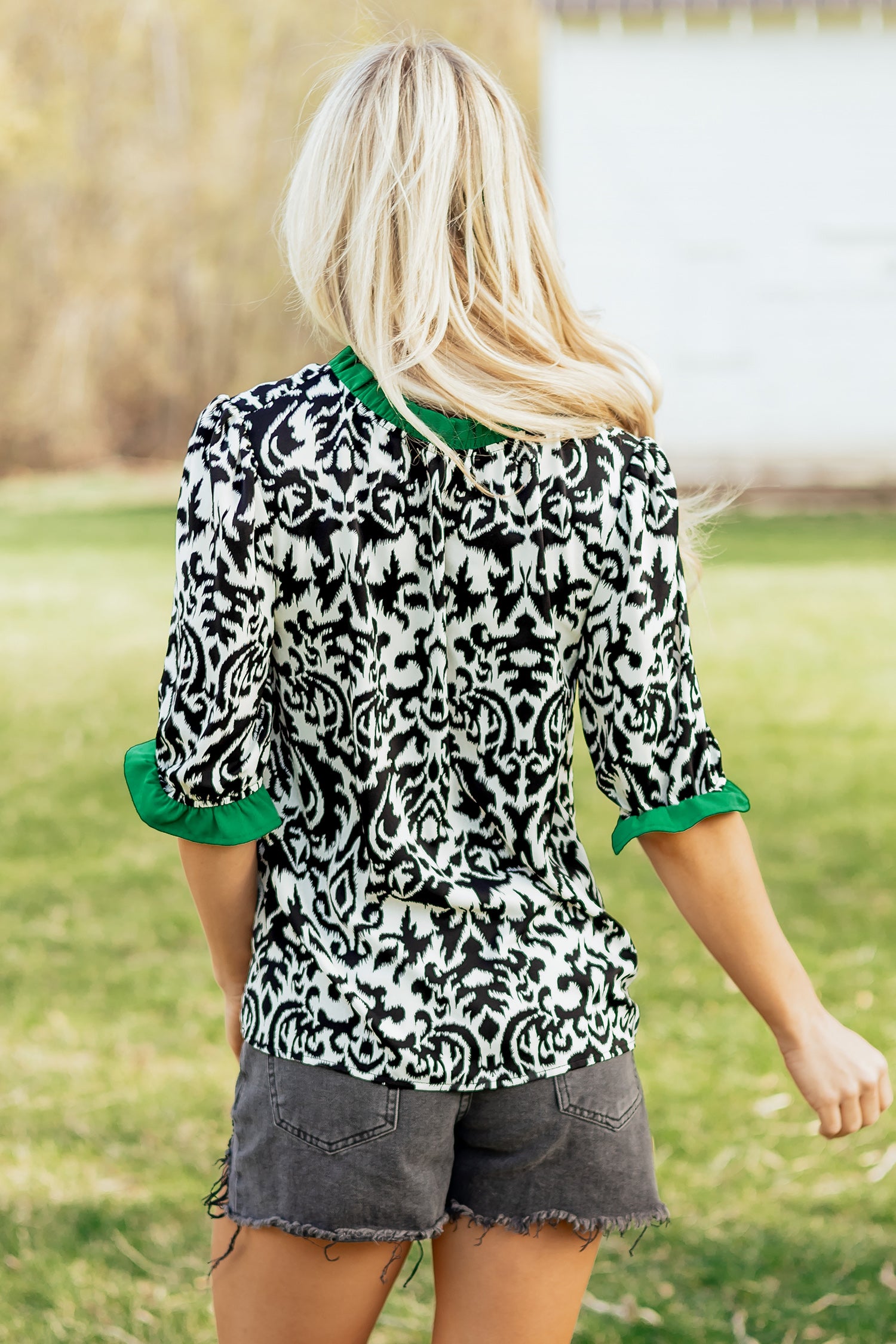 Women's Green Damask Print Ruffled Color Block Detail Half Sleeve Blouse at LivelyLooks