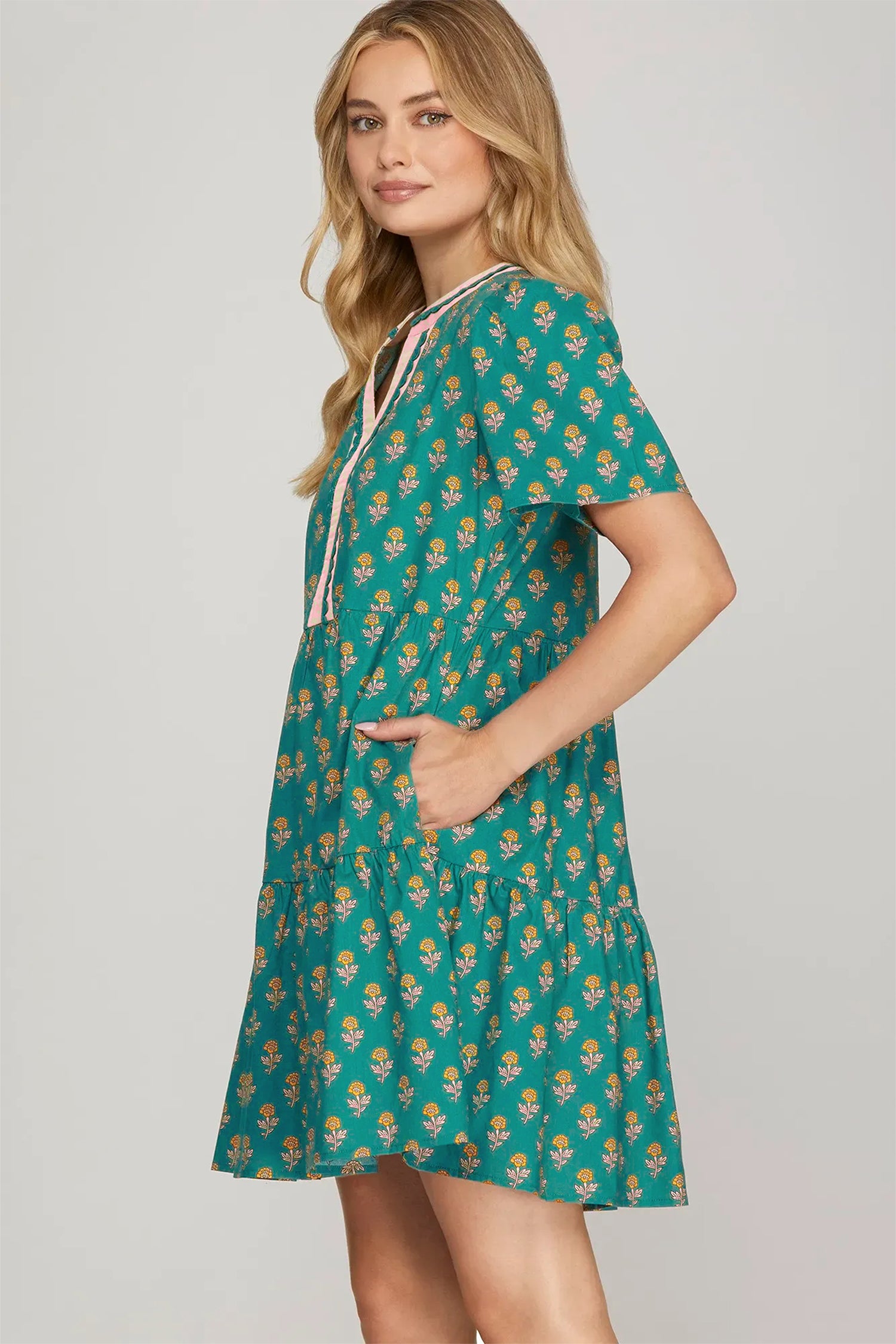 Green Floral Dress Contrast Trim V Neck Short Sleeve Women S-XL