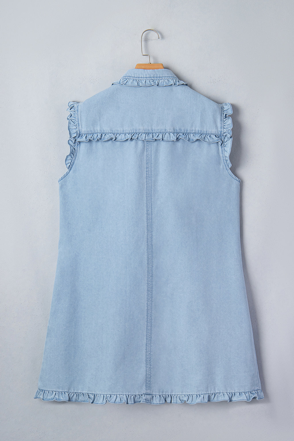 Women's Sail Blue Ruffled Collar Shift Denim Dress with Pockets at LivelyLooks