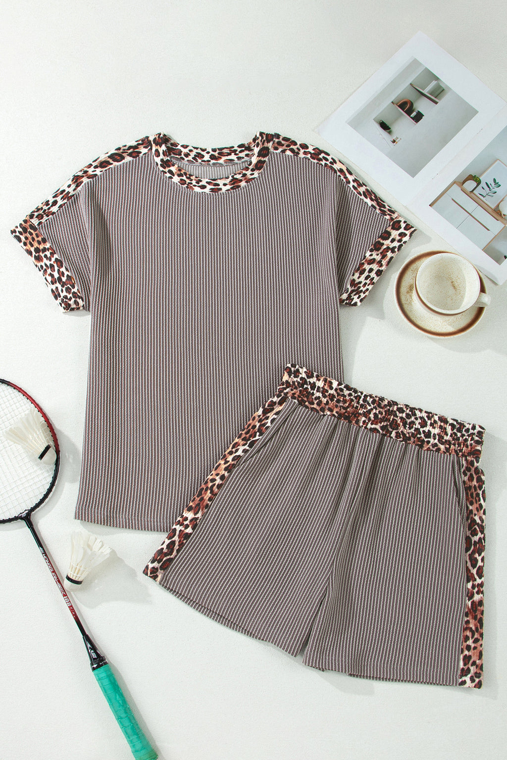 Ribbed Twist Short Set with Leopard Trim | Sky Blue, Light Grey & Sachet Pink