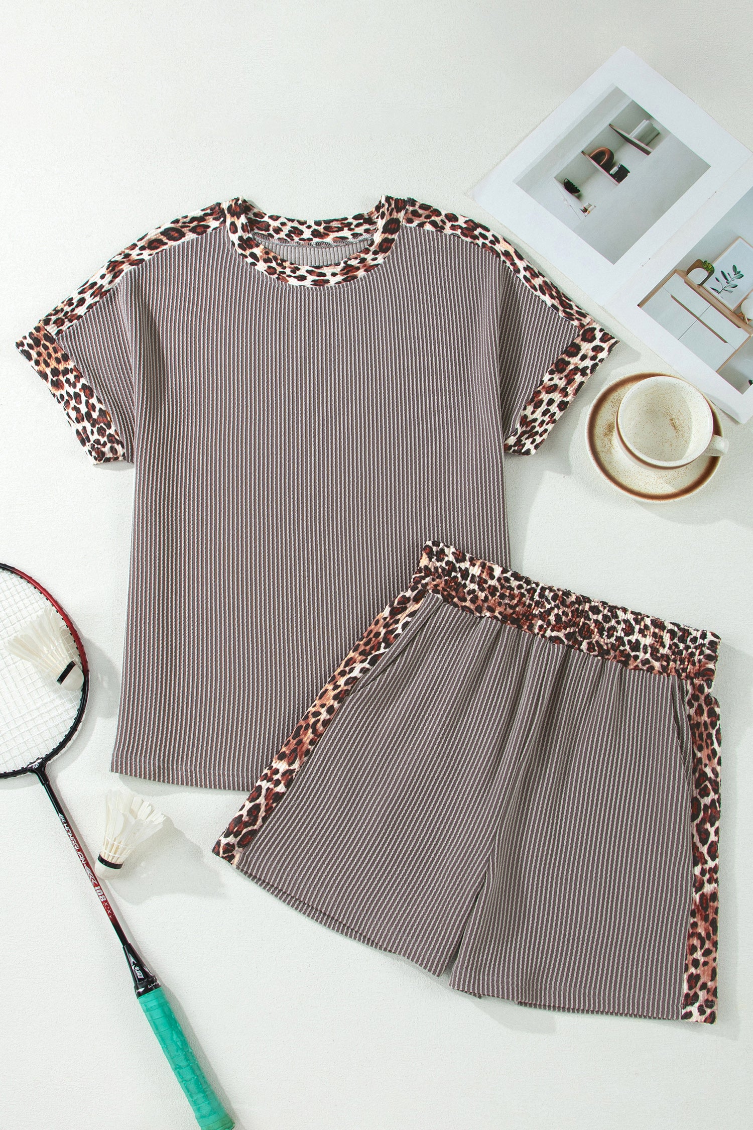Ribbed Twist Short Set with Leopard Trim | Sky Blue, Light Grey & Sachet Pink