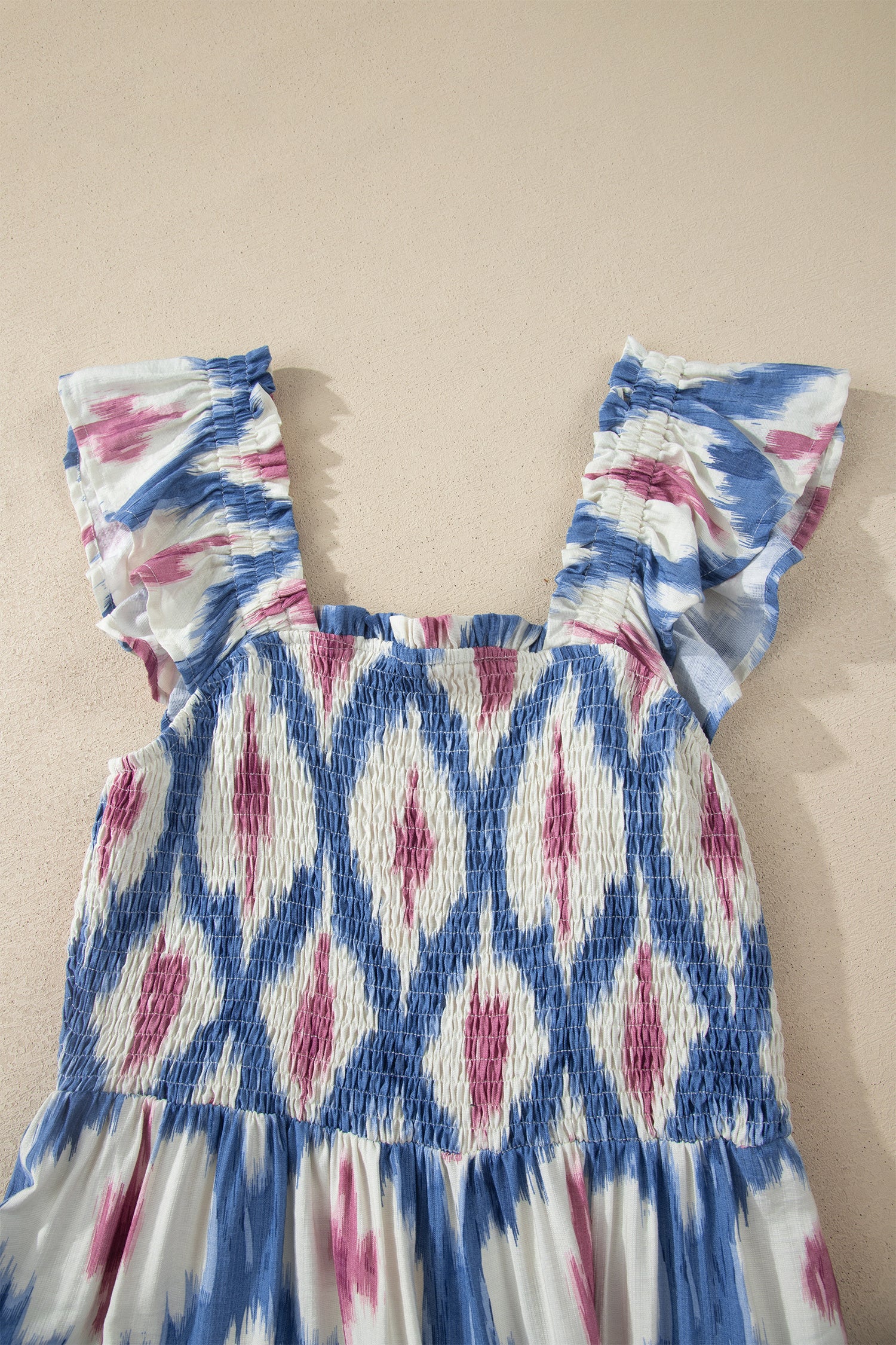 LivelyLooks Blue Ethnic Geometric Maxi Dress | Square Neck Smocked Waist Ruffle Sleeve women's fashion